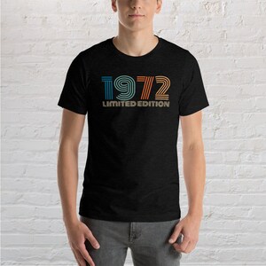 May include: A black t-shirt with a vintage-style graphic that says "1972 Limited Edition". The graphic is in shades of blue, green, orange, and red.