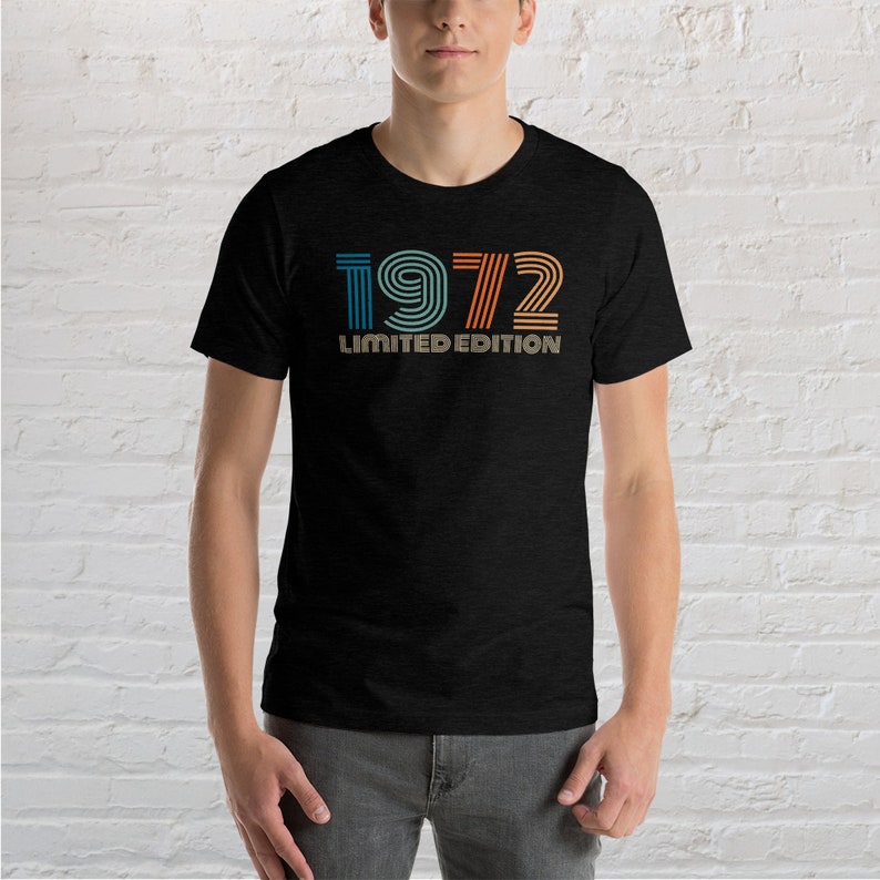 May include: A black t-shirt with a vintage-style graphic that says "1972 Limited Edition". The graphic is in shades of blue, green, orange, and red.