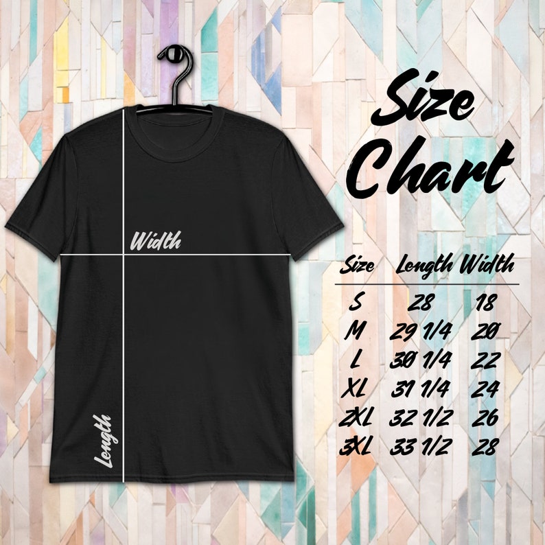 Puede incluir: Tabla de tallas para una camiseta con medidas en pulgadas. La tabla muestra la talla, la longitud y el ancho de la camiseta en pulgadas. Las tallas son S, M, L, XL, 2XL y 3XL.