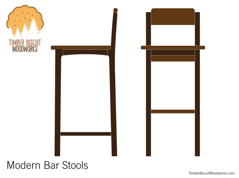 May include: Two brown wooden bar stools with a simple design. The stools are shown from the side and front views.