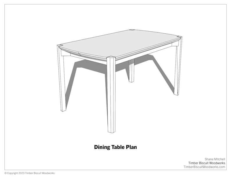 May include: Line drawing of a dining table plan. The table has a rectangular top and four legs. The legs are straight and have a slight taper. The table is shown in perspective, with the top tilted slightly towards the viewer.