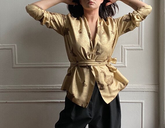 70's gold silk wrap blouse / s / m / l