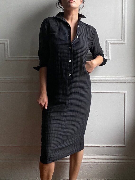 40's sheer black cotton dress / shirtdress / smal