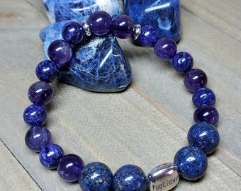 Lapis, Amethyst, Charoite Bracelet with Silver "Believe" Stamped Bead, Dark Blue and Purple Gemstones, Artisan, 6.50"
