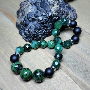 Emerald Bead Bracelet with Ruby in Zoisite and Black Agate, Faceted Genuine Emeralds, Stretch, May Birthstone, One of a Kind, 6.50"