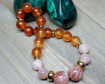 Sunstone and Carnelian Gemstone Bracelet, Stretch, Shaded Orange Beaded, Sacral Chakra Gems in Gold, 6.50"