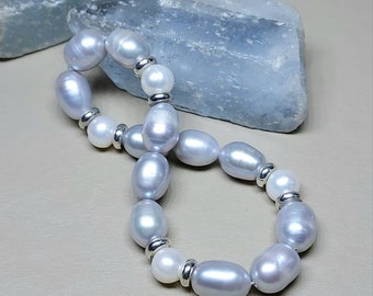 Gray and White Pearl Bracelet, Elastic, June Birthstone, Silver Pearl Bracelet, Genuine Freshwater Pearls, Bridal jewelry