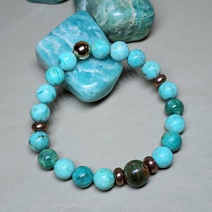 Peruvian Turquoise Bracelet with Green Opal and Variscite, Stretch, Sky Blue Beaded Gemstones, 6.50&quot;