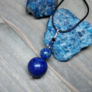 Lapis Beaded Gemstone Pendant Necklace with Chrysocolla and Sapphire, 18mm Lapis Bead, Chakra Jewelry, Upscale Minimalist