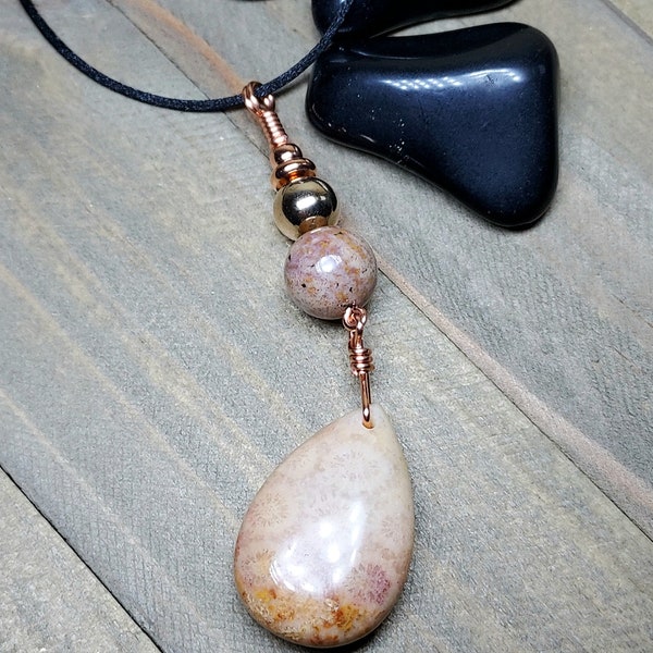 Fossil Coral Jasper Pendant with Ocean Jasper, Creamy Beige Peach Color Teardrop Gemstone, Simple Stone Elegance Jewelry