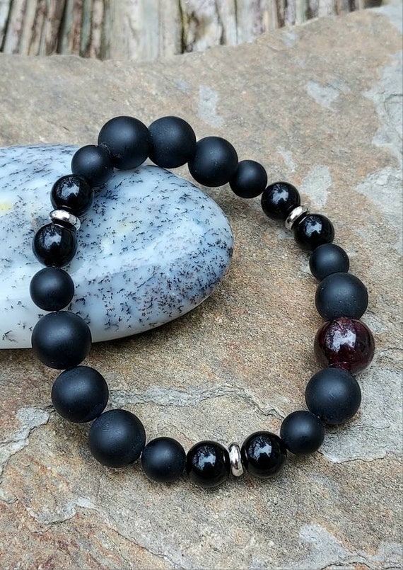 Black Agate Bracelet With Black Obsidian and Garnet Elastic Beaded 8 11mm Crystal Healing Root Chakra Jewelry Matte Black Agate 6.50 Etsy