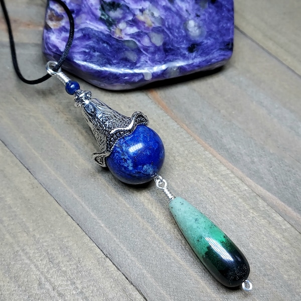 Lapis Lazuli Pendant Necklace with Teardrop Hydrogrossular Garnet, Whimsical Silver Lily Flower, Blue Green Crystal Beaded, Statement Piece