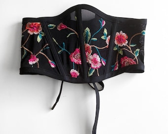 Black Floral embroidered sheer Underbust Waist Corset