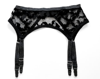 SPOOKY Garter Belt: Bats velvet flocked mesh