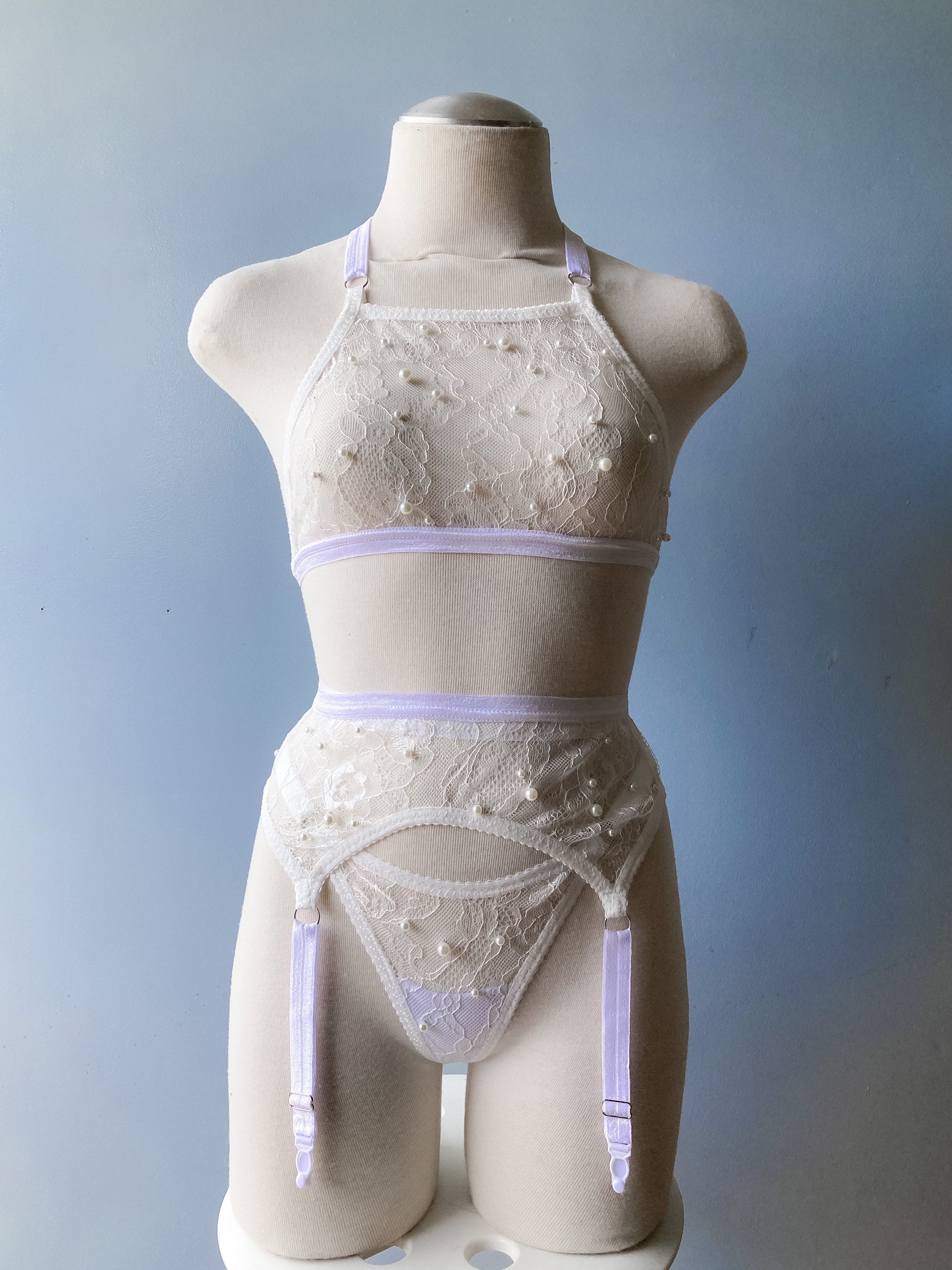 White Pearl Lace Wedding Lingerie Set bridal bralette garter belt g string  thong