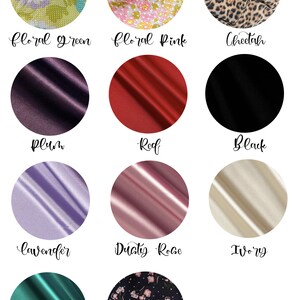 May include: A collection of fabric swatches in various colors and patterns, including vintage floral prints, cheetah print, solid colors like plum, red, black, lavender, dusty rose, ivory, and jade, and a black fabric with pink floral print.