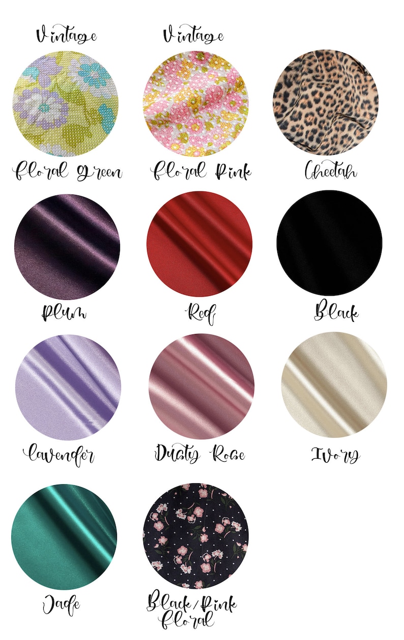 May include: A collection of fabric swatches in various colors and patterns, including vintage floral prints, cheetah print, solid colors like plum, red, black, lavender, dusty rose, ivory, and jade, and a black fabric with pink floral print.