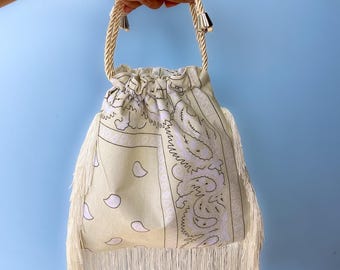 Bandana Drawstring Bag 100% Cotton, Lined, adjustable, Crossbody purse. black, olive, cream