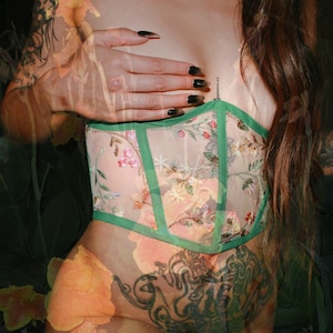 Green Wildflower embroidered sheer Underbust Waist Corset