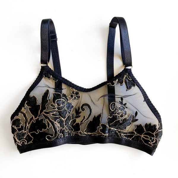 Black & Gold embroidered floral Bralette