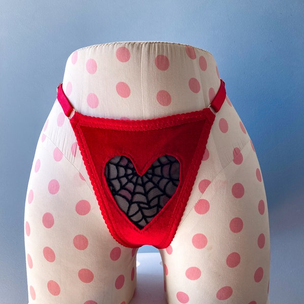 Heart Cutout Velvet spiderwebs Low Rise or Strappy Undies RED PINK BLACK valentines day