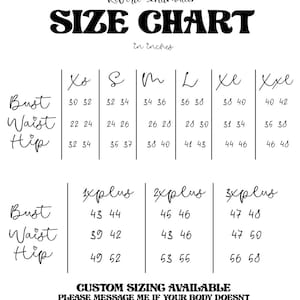 May include: Size chart for clothing in inches. The chart shows bust, waist, and hip measurements for sizes XS, S, M, L, XL, XXL, 1X Plus, 2X Plus, and 3X Plus.
