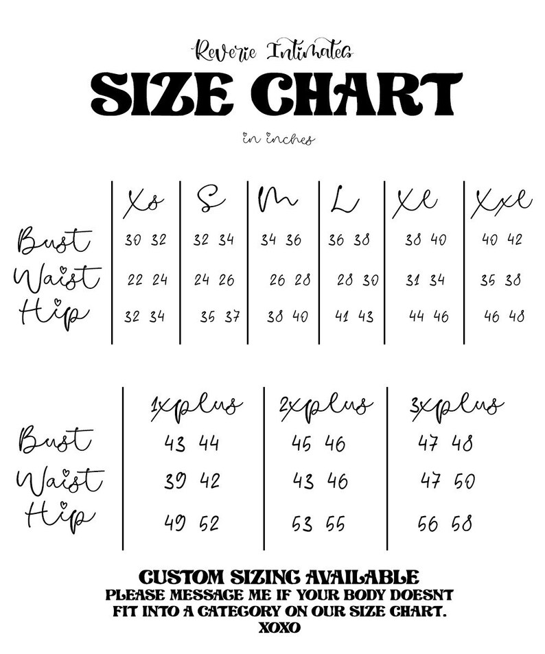 May include: Size chart for clothing in inches. The chart shows bust, waist, and hip measurements for sizes XS, S, M, L, XL, XXL, 1X Plus, 2X Plus, and 3X Plus.