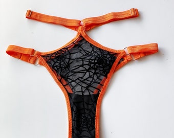 SPOOKY Undies: ORANGE and BLACK Spider Web Mesh low rise or Strappy