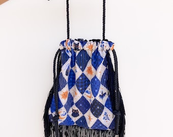 Whimsical Moon Fringe Drawstring Bag 100% Cotton, Lined, adjustable, Crossbody purse
