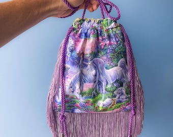 Fairytale Unicorn Drawstring Bag 100% Cotton, Lined, adjustable, Crossbody purse