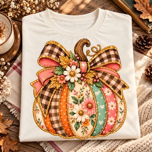 Citrouille patchwork vintage (PNG), clipart nœud floral automnal, motif de sublimation doré pailleté automnal, t-shirt Thanksgiving (PNG), téléchargement numérique