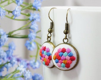 Colorful Embroidered Dangle Earrings, Geometic Honeycomb Embroidery Jewelry