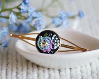 Rainbow Rose Hair Slide on Black Linen, Embroidered Flower on Gold Hair Clip