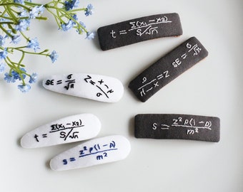 Linen Math Hair Clips, Handmade with Embroidered Statistics Equations in Black and White