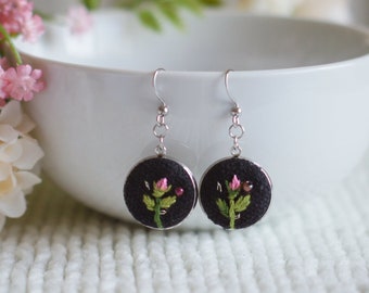 Pink Rose on Black Linen Embroidered Earrings, Stainless Steel Handmade Tiny Floral Embroidery Ear Hooks, Perfect Gift for Her