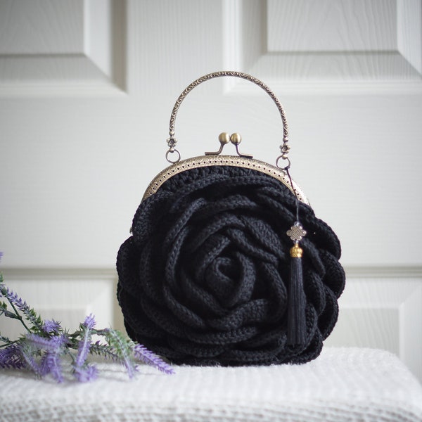 Rose Crochet Handbag in Black Color, Elegant Evening Purse with Lining and Bronze Handle