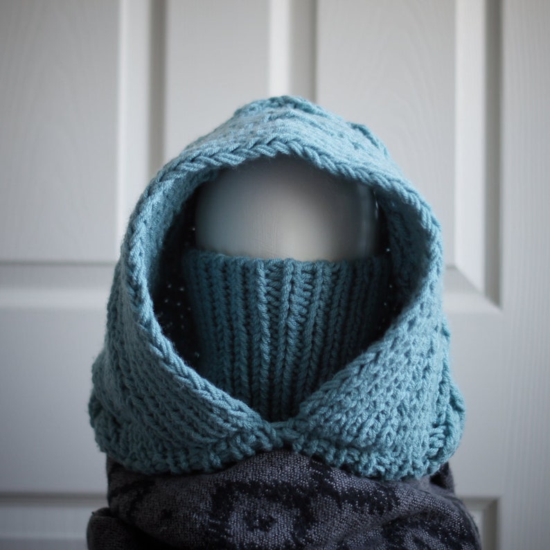 Chunky Knit Igloo Balaclava Hooded Scarf an Oversized Cable Knit, Teal ...