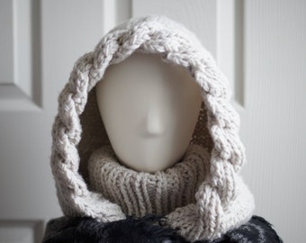 Oversized Balaclava Hooded Cowl, Hand Knit in Neutral Bone Color. A Versatile Hood and Neck Warmer Combo!