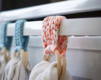 Housewarming Gift! Rustic Crochet Towel Holder with Wood Rings for Kitchen, Use on Oven Door, or Dishwasher Handle