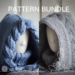 May include: A split image featuring two knitted cowl hoods. One is a light blue color, and the other is gray. The text "PATTERN BUNDLE" is at the top. The hoods are displayed on white mannequin heads. The bottom of the image has the text "Lis Makes".