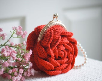 Unique Small Red Rose Purse with Kiss Closure and Pearl Strap, Great for Lunch Date. Makes an Excellent Mother's Day Gift!