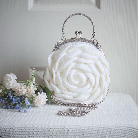 White Rose Crochet Bag With Chain Strap, Handmade Bridal Purse for