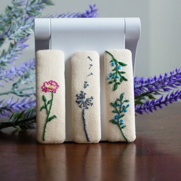 Linen Hair Clips with Floral Embroidery, Handmade Embroidered Rectangle Hair Pins