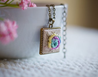 Embroidered Pendant with Rainbow Rose in Antique Bronze Chain Necklace, Classic Vintage Style with Floral Embroidery on Tea-Dyed Linen