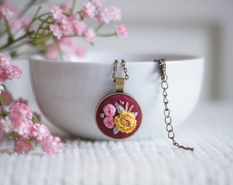 Embroidered Rose Pendant Necklace: Antique Bronze with Burgundy Canvas, Perfect Spring Gift for Her