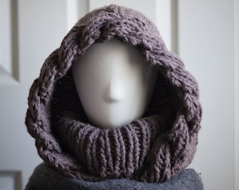 Chunky Knit Hooded Balaclava and Oversized Cable Knit Beanie: Multiway Taupe Cowl