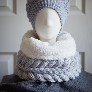 Merino Cable Knit Cowl with Sherpa Lining - Versatile Neckwarmer for Cold Weather Comfort