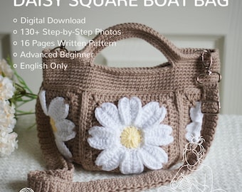 Modèle de sac marguerite carré grand-mère au crochet : mini fourre-tout doublé avec bandoulière réglable (téléchargement PDF)