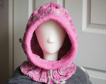 Pink Knit Balaclava Hood, Women’s Winter Hooded Cowl with Drawstring, Optional Sherpa Lining