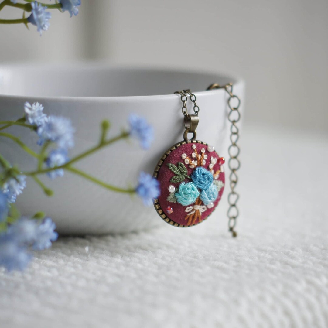 Embroidered Floral Pendant Necklace: Blue Bouquet, Burgundy Canvas - Etsy